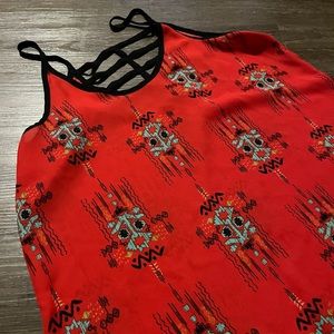 Racerback Tank Top Geometric Black Red Aqua Spaghetti Strap Flowy Flare Blouse